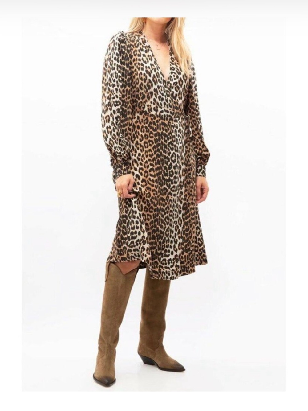 NEW GANNI Leopard Print Long Sleeve Wrap Dress